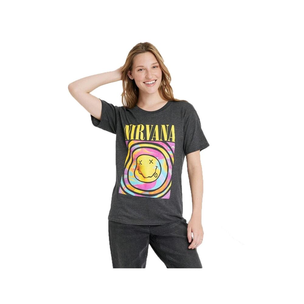 Nirvana Smiley‎ Black Wash Graphic T Shirt Band Tee Grunge Women Small GUC